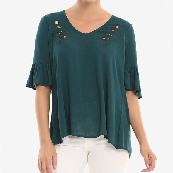 BoxLunch Harry Potter Wands Fashion Top Green Ruffle Sleeve Blouse Shirt S NWT - Picture 1 of 7